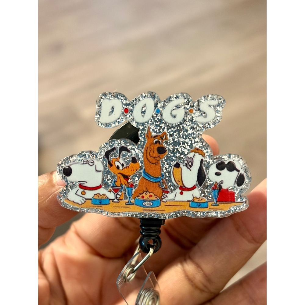Cartoon Dogs Friends Logo Retractable Badge Reel Glitter ID Holder Nurse Teacher